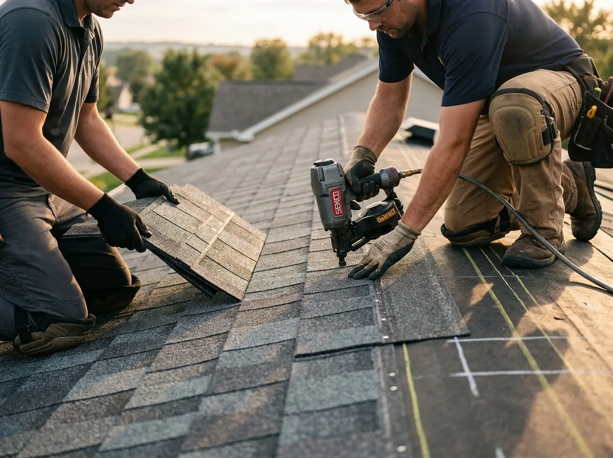Professional roofer working on a residential roof in Flowing Wells
